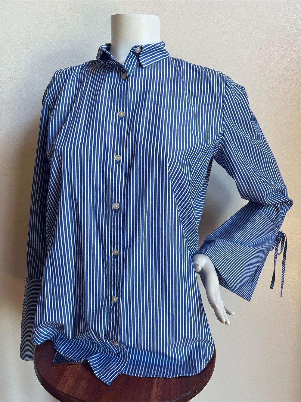 LOFT Blue & White Vertical Stripe Button-Down Shirt trumpet sleeve
